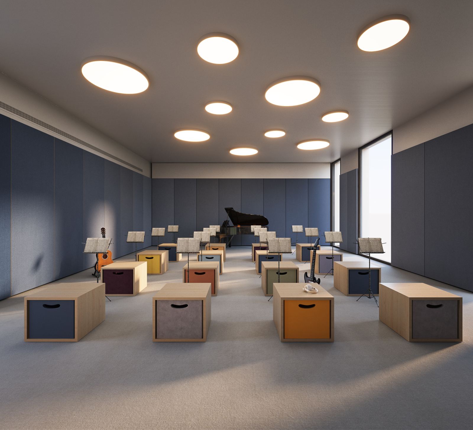 Render of the music room with grand piano
